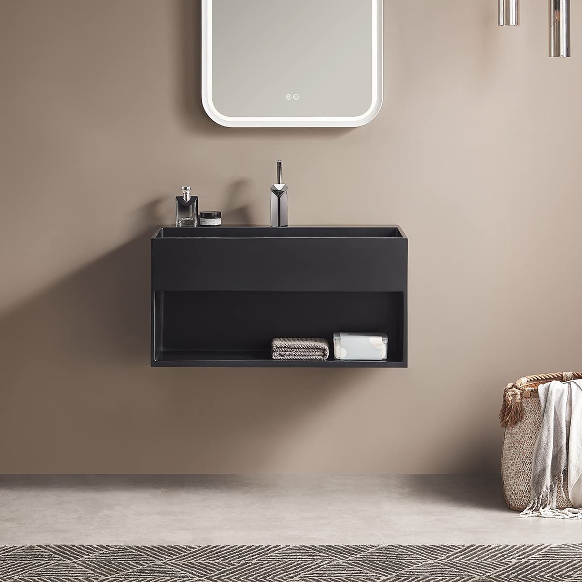 Serene Valley Bathroom Floating Vanity, 32" Wall - Mount Sink with Built - in Towel Space, Solid Surface Material in Matte Black, SVWS607 - 32BK - Serene Valley