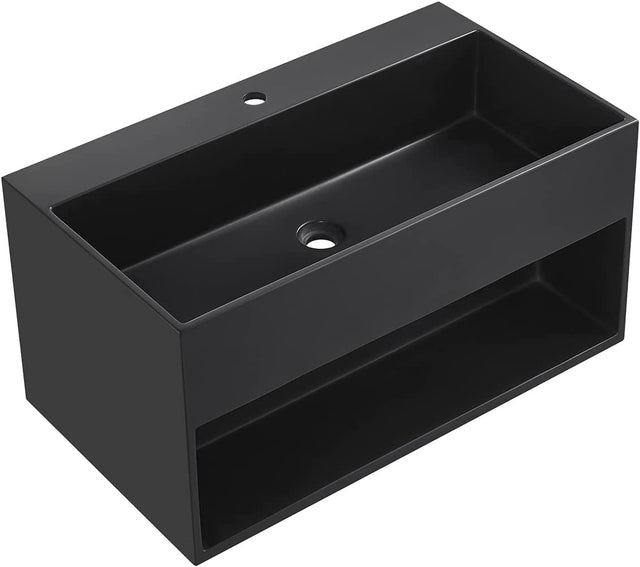 Serene Valley Bathroom Floating Vanity, 32" Wall - Mount Sink with Built - in Towel Space, Solid Surface Material in Matte Black, SVWS607 - 32BK - Serene Valley