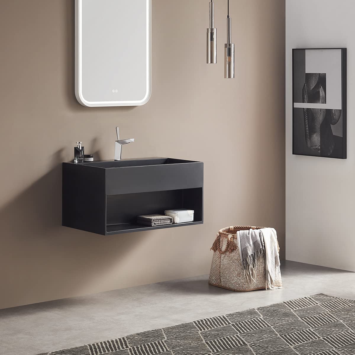 Serene Valley Bathroom Floating Vanity, 32" Wall - Mount Sink with Built - in Towel Space, Solid Surface Material in Matte Black, SVWS607 - 32BK - Serene Valley