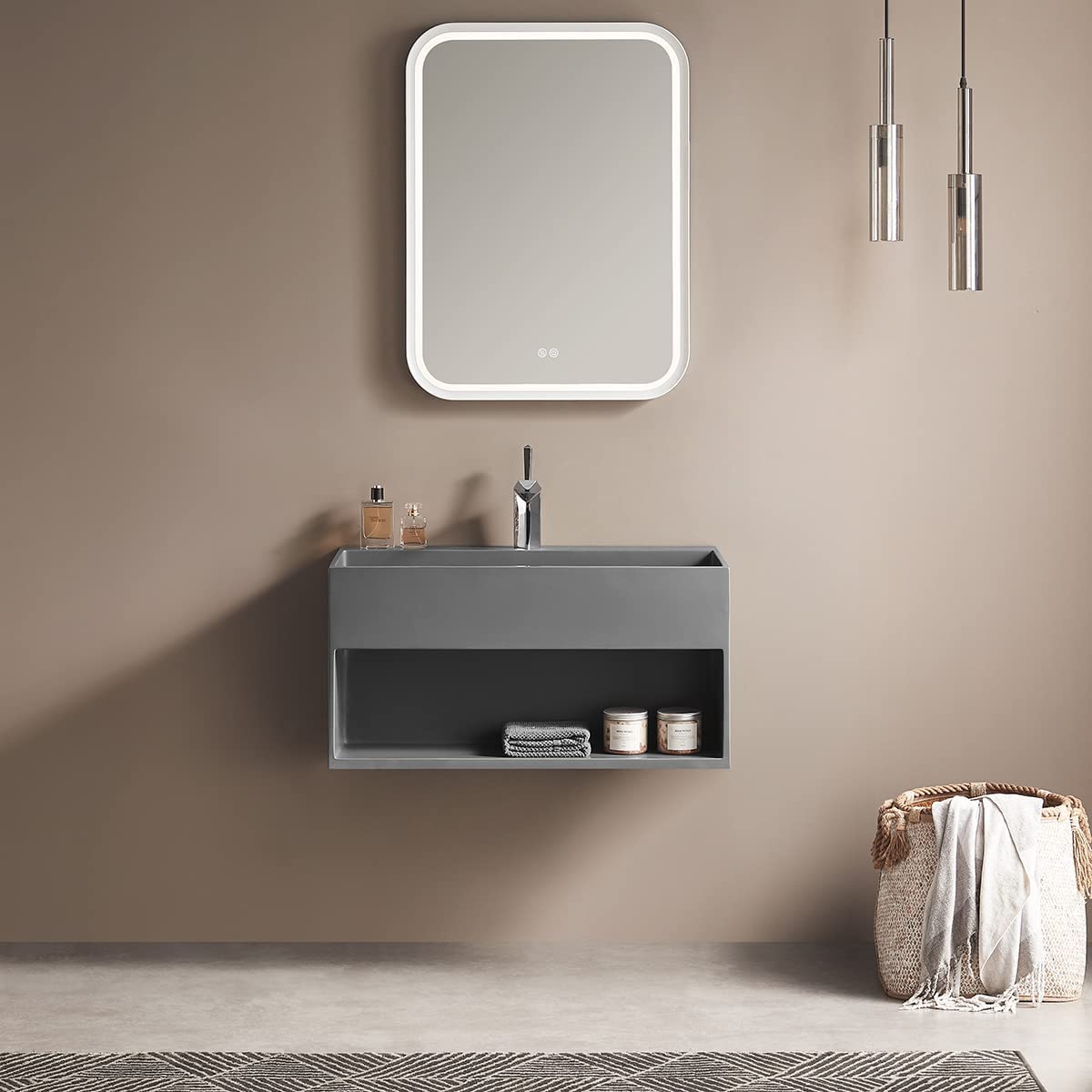 Serene Valley Bathroom Floating Vanity, 32" Wall - Mount Sink with Built - in Towel Space, Solid Surface Material in Matte Gray, SVWS607 - 32GR - Serene Valley