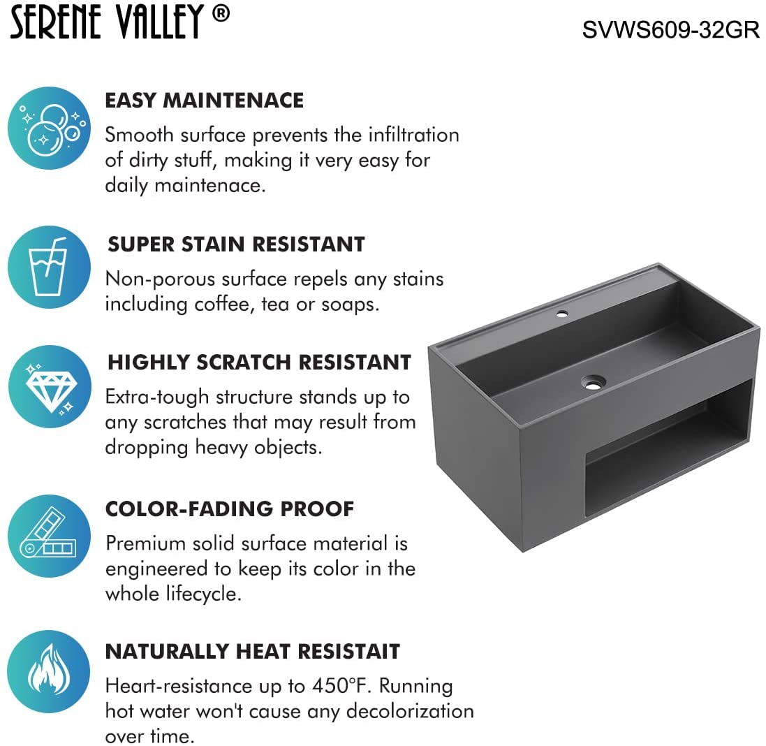 Serene Valley Bathroom Floating Vanity, 32" Wall - Mount Sink with Large Storage Space and Pop - Up Strainer, Solid Surface Material in Matte Gray, SVWS609 - 32GR - Serene Valley
