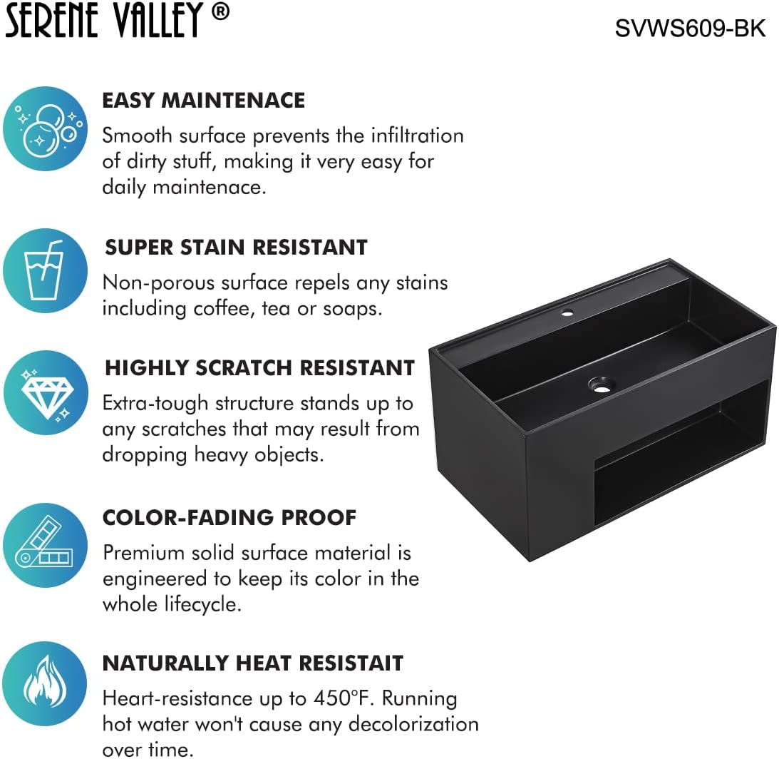 Serene Valley Bathroom Floating Vanity, 40" Wall - Mount Sink with Large Storage Space and Pop - Up Strainer, Solid Surface Material in Matte Black, SVWS609 - 40BK - Serene Valley