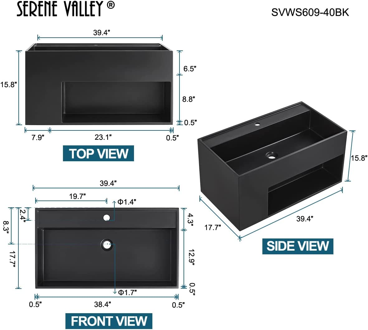Serene Valley Bathroom Floating Vanity, 40" Wall - Mount Sink with Large Storage Space and Pop - Up Strainer, Solid Surface Material in Matte Black, SVWS609 - 40BK - Serene Valley