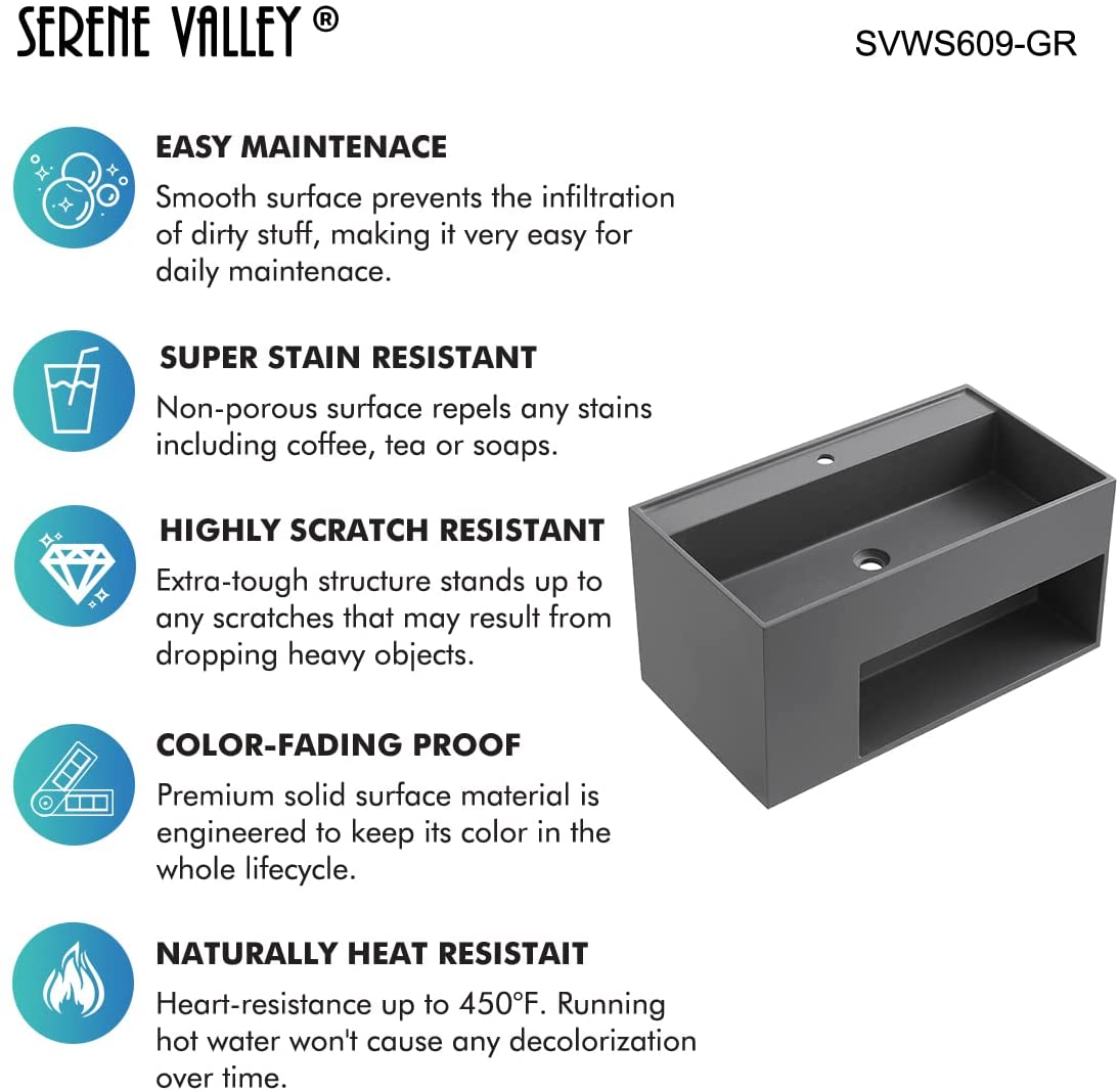 Serene Valley Bathroom Floating Vanity, 40" Wall - Mount Sink with Large Storage Space and Pop - Up Strainer, Solid Surface Material in Matte Gray, SVWS609 - 40GR - Serene Valley