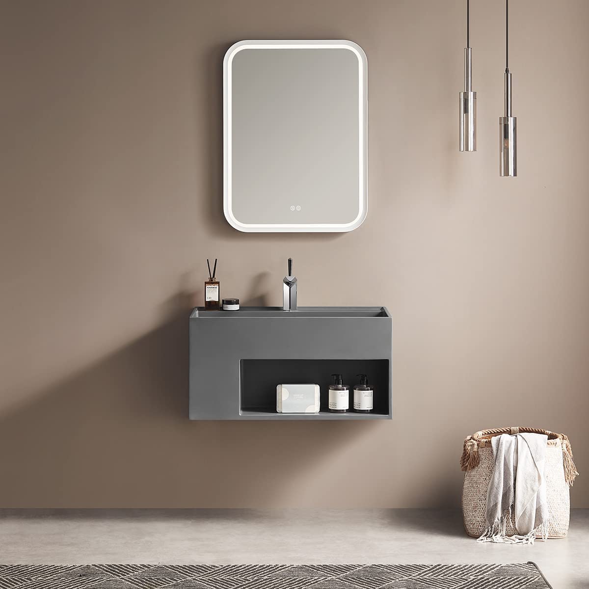 Serene Valley Bathroom Floating Vanity, 40" Wall - Mount Sink with Large Storage Space and Pop - Up Strainer, Solid Surface Material in Matte Gray, SVWS609 - 40GR - Serene Valley