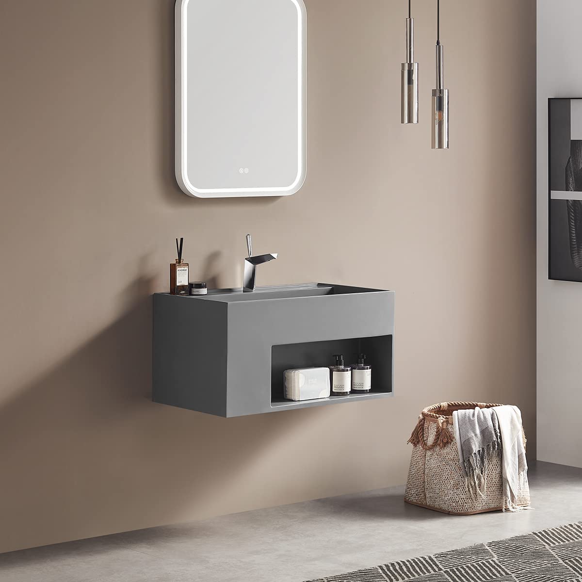 Serene Valley Bathroom Floating Vanity, 40" Wall - Mount Sink with Large Storage Space and Pop - Up Strainer, Solid Surface Material in Matte Gray, SVWS609 - 40GR - Serene Valley