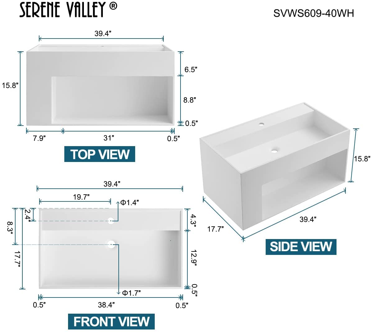 Serene Valley Bathroom Floating Vanity, 40" Wall - Mount Sink with Large Storage Space and Pop - Up Strainer, Solid Surface Material in Matte White, SVWS609 - 40WH - Serene Valley