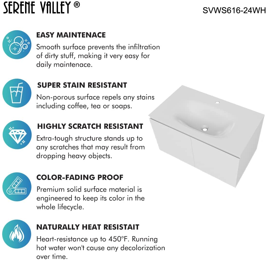 Serene Valley Bathroom Floating Vanity with Hinged Cabinet, Oval Sink Bowl with Matching Pop - Up Strainer, 34" Solid Surface Material in Matte White, SVWS616 - 24WH - Serene Valley