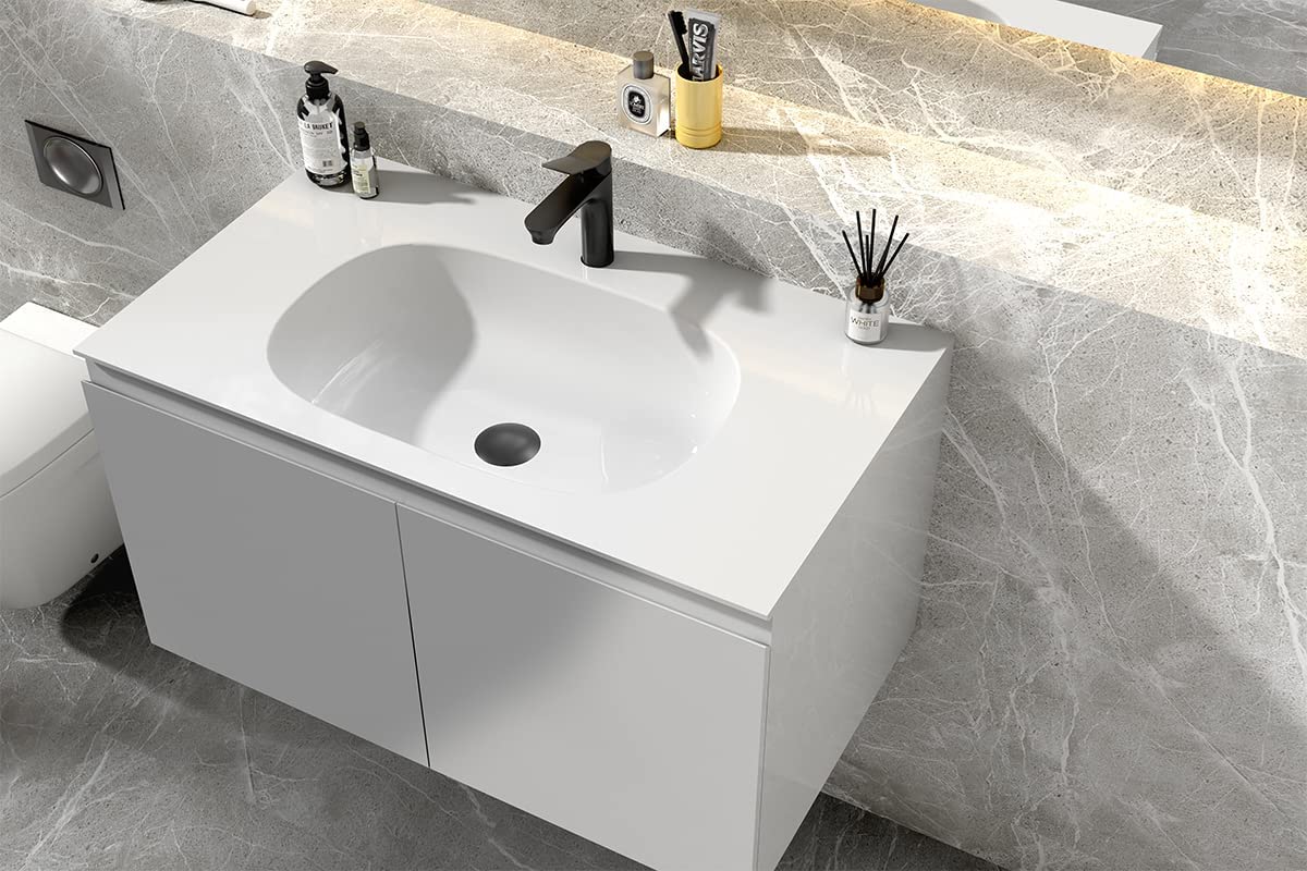 Serene Valley Bathroom Floating Vanity with Hinged Cabinet, Square Sink Bowl with Matching Pop - Up Strainer, 32" Solid Surface Material in Matte White, SVWS617 - 32WH - Serene Valley