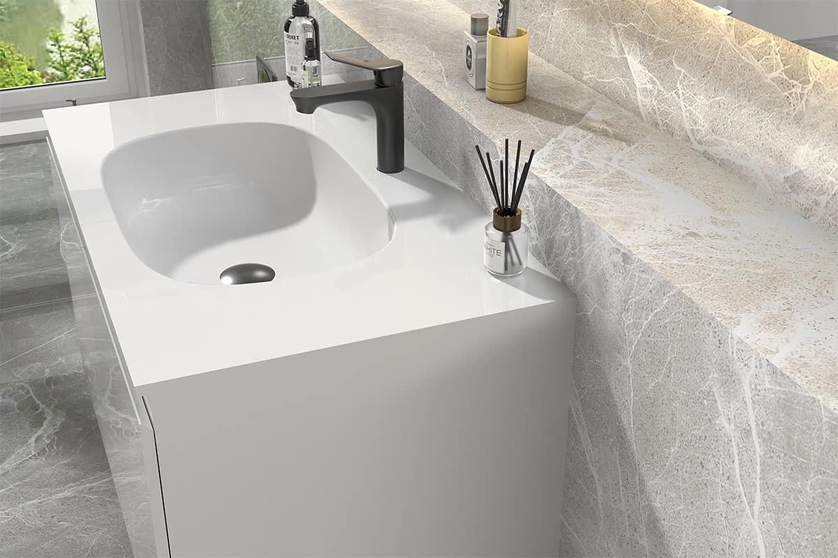 Serene Valley Bathroom Floating Vanity with Hinged Cabinet, Square Sink Bowl with Matching Pop - Up Strainer, 32" Solid Surface Material in Matte White, SVWS617 - 32WH - Serene Valley