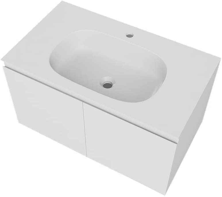 Serene Valley Bathroom Floating Vanity with Hinged Cabinet, Square Sink Bowl with Matching Pop - Up Strainer, 32" Solid Surface Material in Matte White, SVWS617 - 32WH - Serene Valley