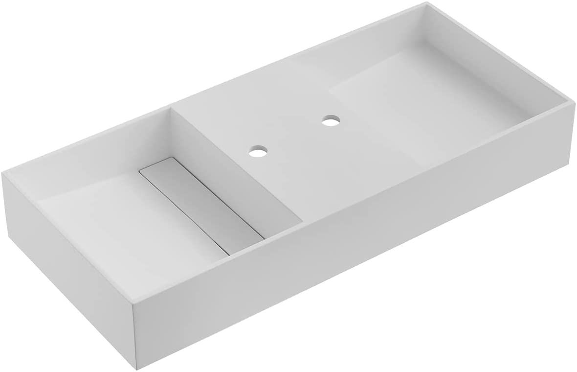 Serene Valley Floating or Countertop Bathroom Double Sink, Two Faucet Holes with Hidden Drain Design, 47" Solid Surface Material in Matte White, SVWS608 - 47WH - Serene Valley