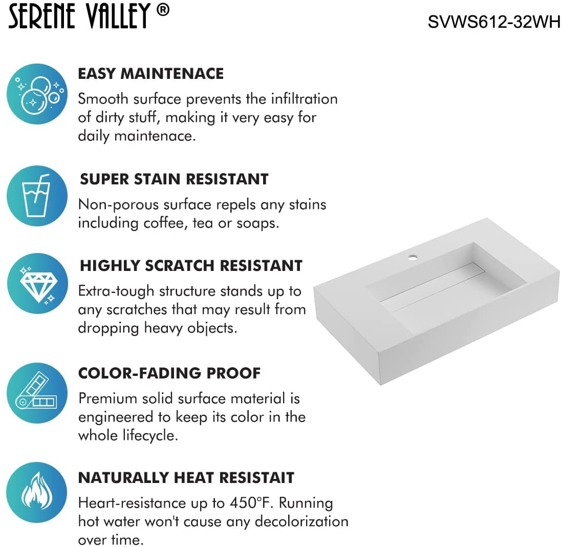 Serene Valley Floating or Countertop Bathroom Sink, Classic Square Sink with Hidden Drain Design, 32" Solid Surface Material in Matte White, SVWS612 - 32WH - Serene Valley