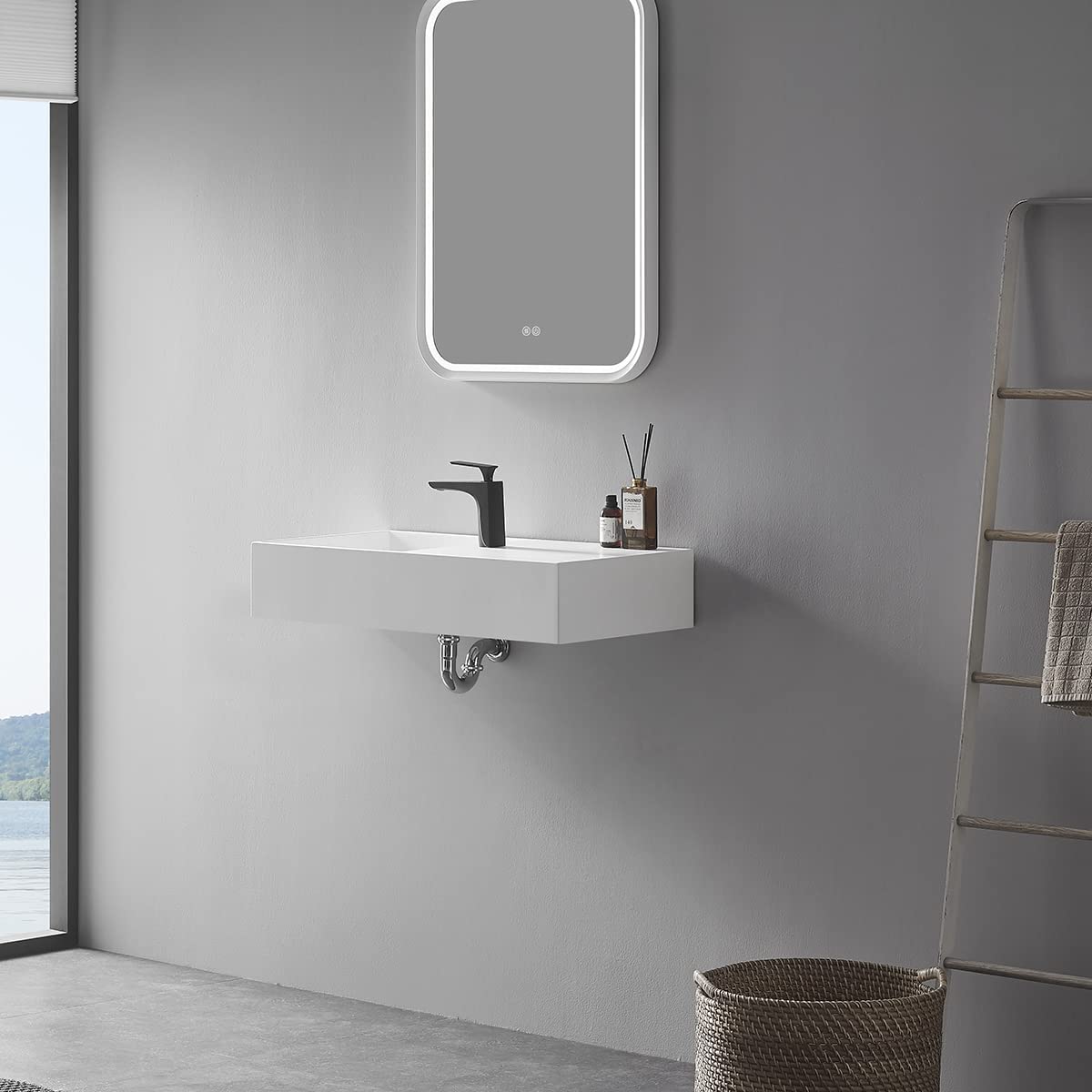 Serene Valley Floating or Countertop Bathroom Sink, Side Faucet with Square Sink and Hidden Drain, 32" Solid Surface Material in Matte White, SVWS613 - 32WH - Serene Valley