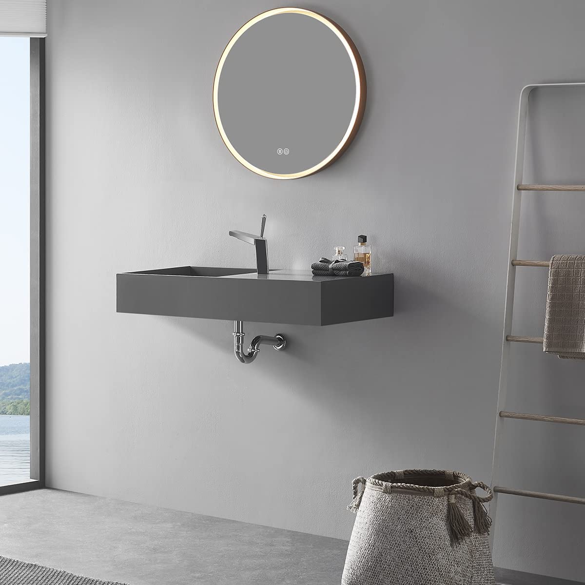 Serene Valley Floating or Countertop Bathroom Sink, Side Faucet with Square Sink and Hidden Drain, 40" Solid Surface Material in Matte Gray, SVWS613 - 40GR - Serene Valley