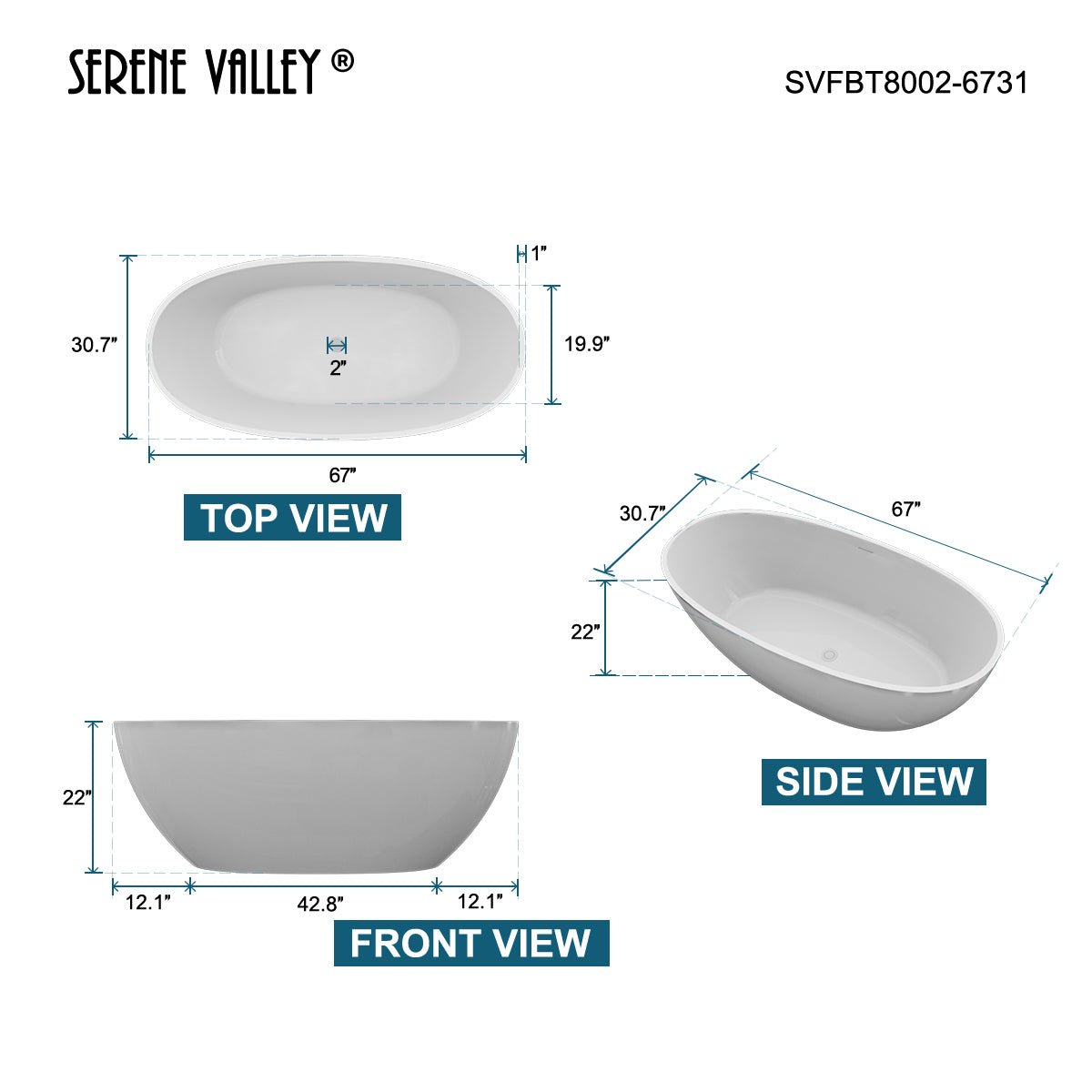 Serene Valley Freestanding Bathtub SVFBT8002 - 6731, Made of Pure Solid Surface Material with Drain, 67" L x 30.7" W Matte White, Hand Polished and Easy Maintenace - Serene Valley