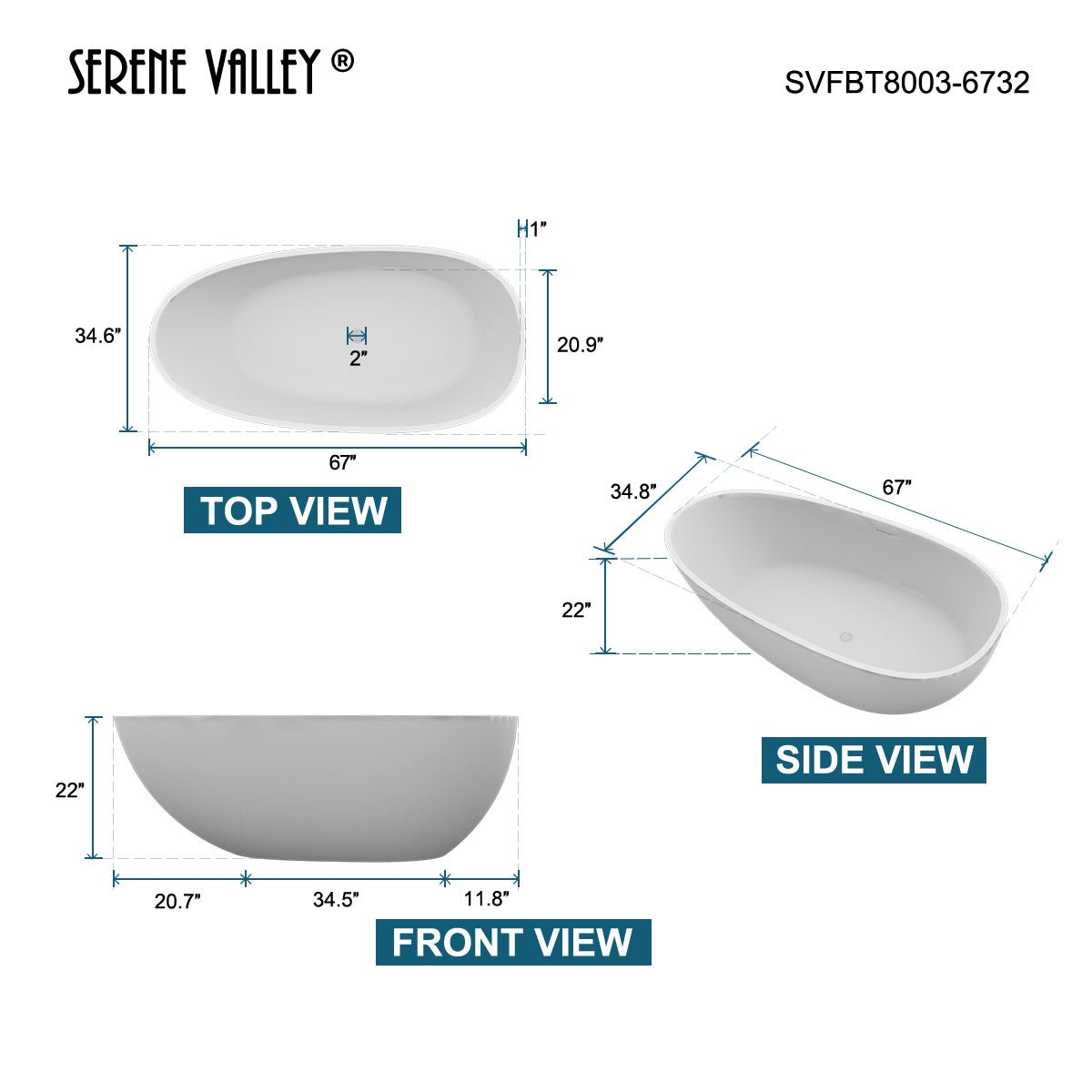 Serene Valley Freestanding Bathtub SVFBT8003 - 6732, Made of Pure Solid Surface Material with Drain, 67" L x 31.5" W Matte White, Hand Polished and Easy Maintenace - Serene Valley