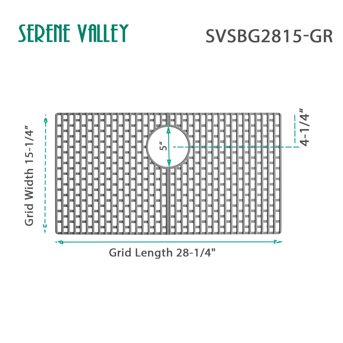Serene Valley Silicone Kitchen Sink Bottom Grid SVSBG2815 - GR, Heat Resistant Sink Mat in Matte Gray, Rear Drain 28 - 1/4" L x 15 - 1/4" W x 0.5" H - Serene Valley