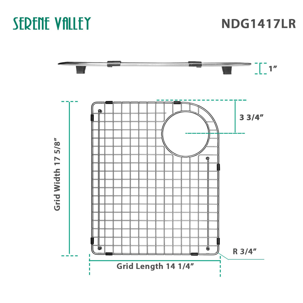 Serene Valley Sink Bottom Grid 14 - 1/4" x 17 - 5/8", Rear Corner Drain with Radius 3 - 3/4", Sink Grid Stainless Steel NDG1417LR. - Serene Valley