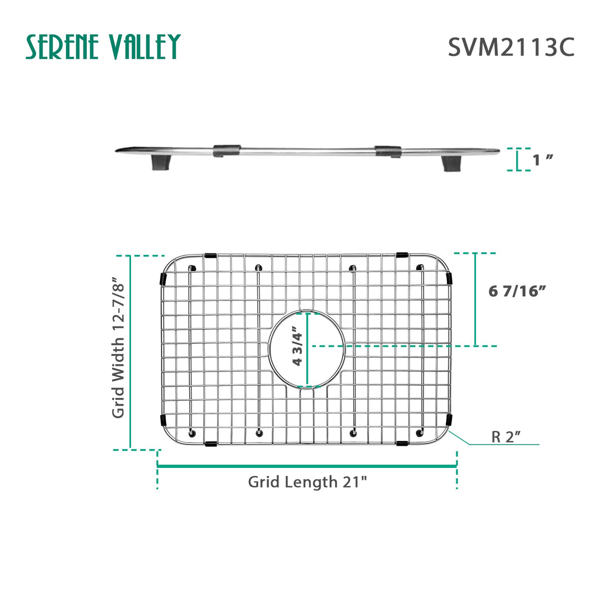 Serene Valley Sink Bottom Grid 21" x 12 - 7/8", Centered Drain with Corner Radius 2", SVM2113C - Serene Valley