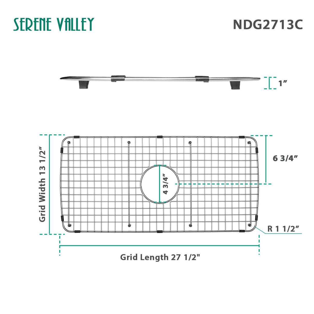 Serene Valley Sink Bottom Grid 27 - 1/2" x 13 - 1/2", Centered Drain with Corner Radius 1 - 1/2", Sink Grids Stainless Steel NDG2713C - Serene Valley
