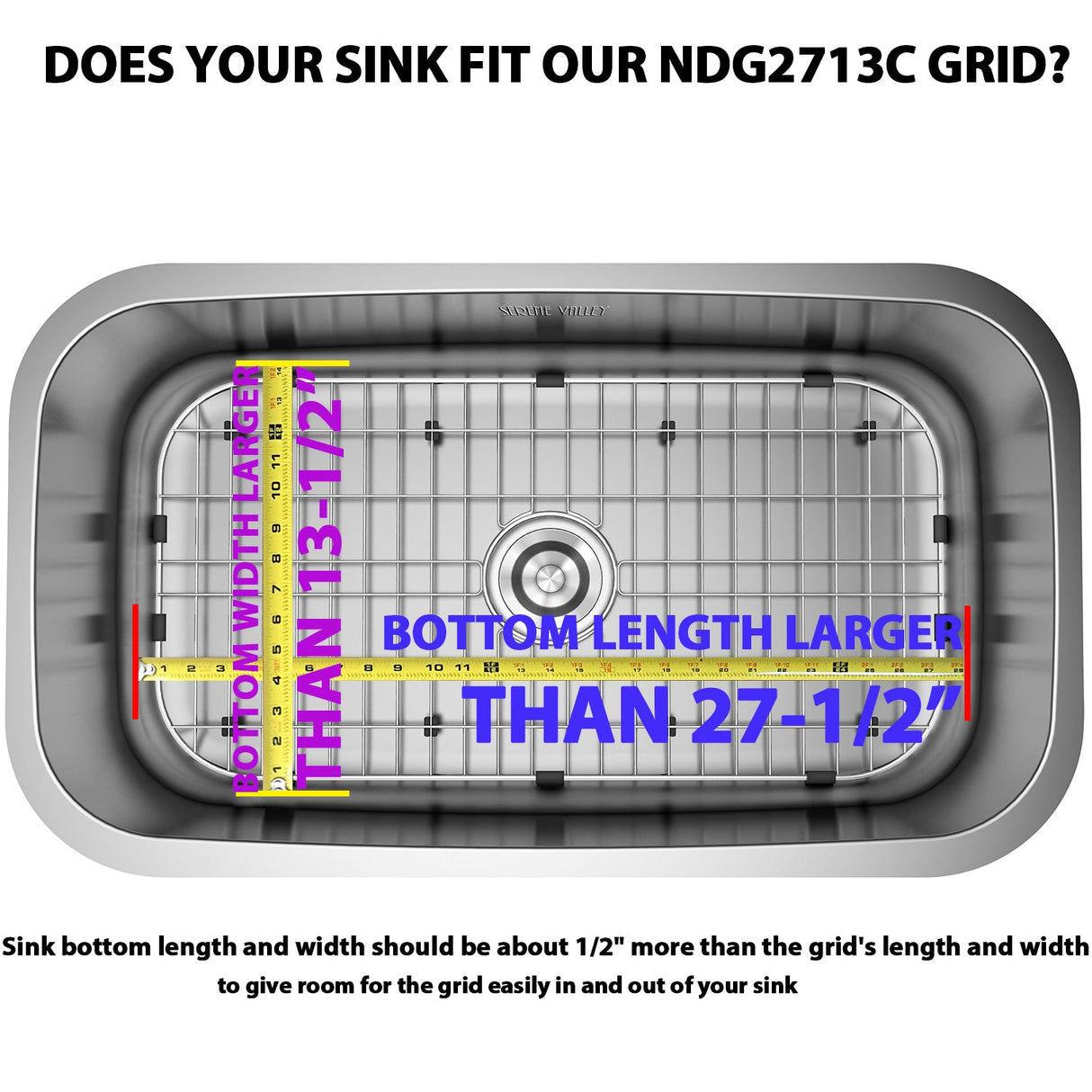 Serene Valley Sink Bottom Grid 27 - 1/2" x 13 - 1/2", Centered Drain with Corner Radius 1 - 1/2", Sink Grids Stainless Steel NDG2713C - Serene Valley