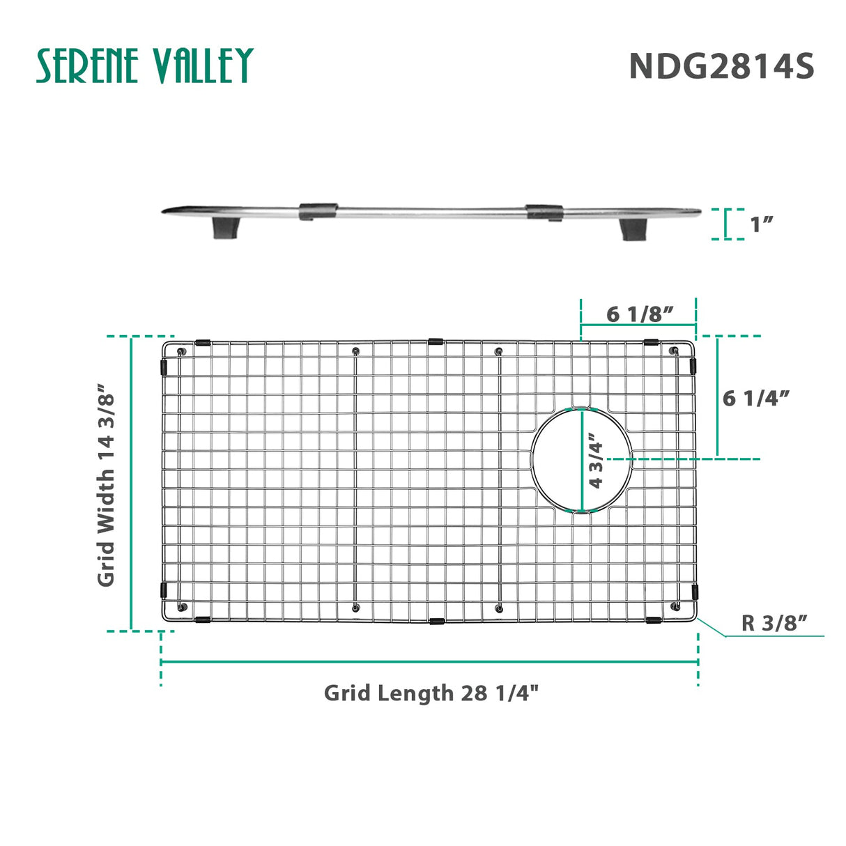 Serene Valley Sink Bottom Grid 28 - 1/4" x 14 - 3/8", Side Drain with Corner Radius 3/8",NDG2814S - Serene Valley