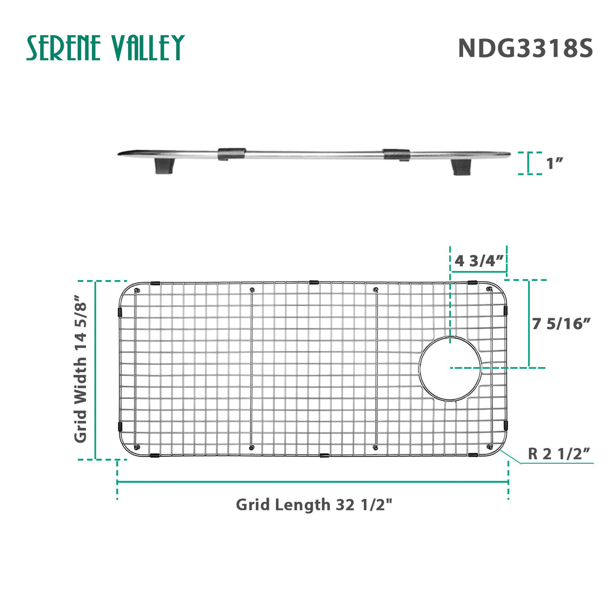 Serene Valley Sink Bottom Grid 32 - 1/2" x 14 - 5/8", Basin Rack with Corner Radius 2 - 1/2", Sink Rack NDG3318S - Serene Valley