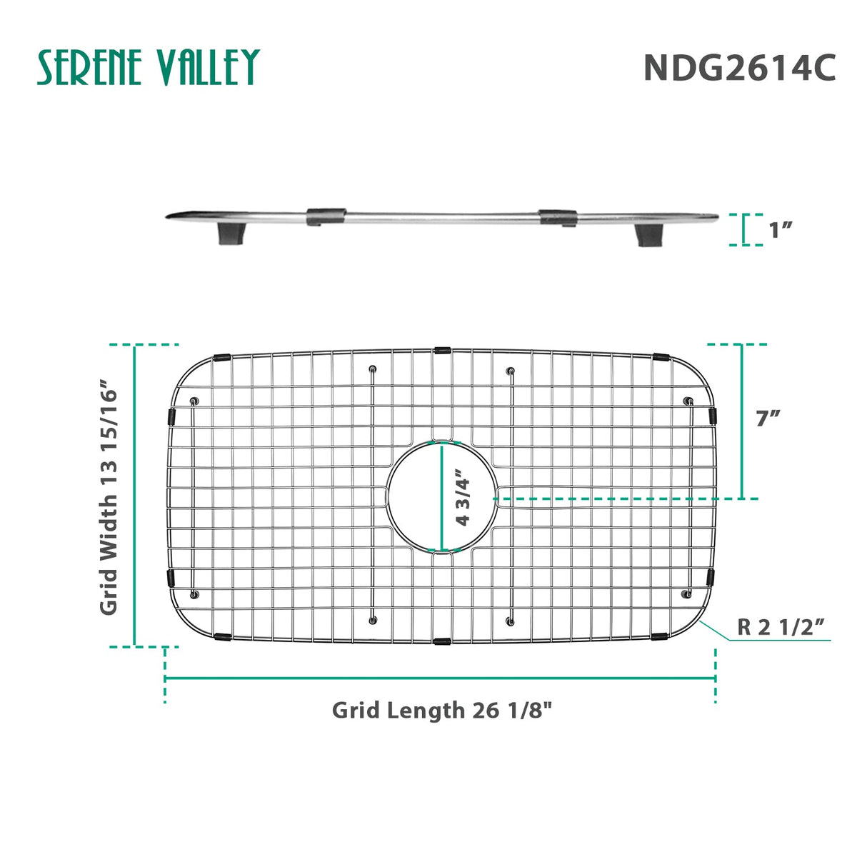Serene Valley Sink Grid 26 - 1/8" x 13 - 15/16", Centered Drain with Corner Radius 2 - 1/2", NDG2614C - Serene Valley