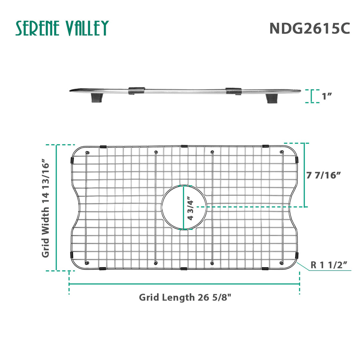 Serene Valley Sink Grid 26 - 5/8" x 14 - 13/16", Centered Drain with Corner Radius 1 - 1/2",NDG2615C - Serene Valley