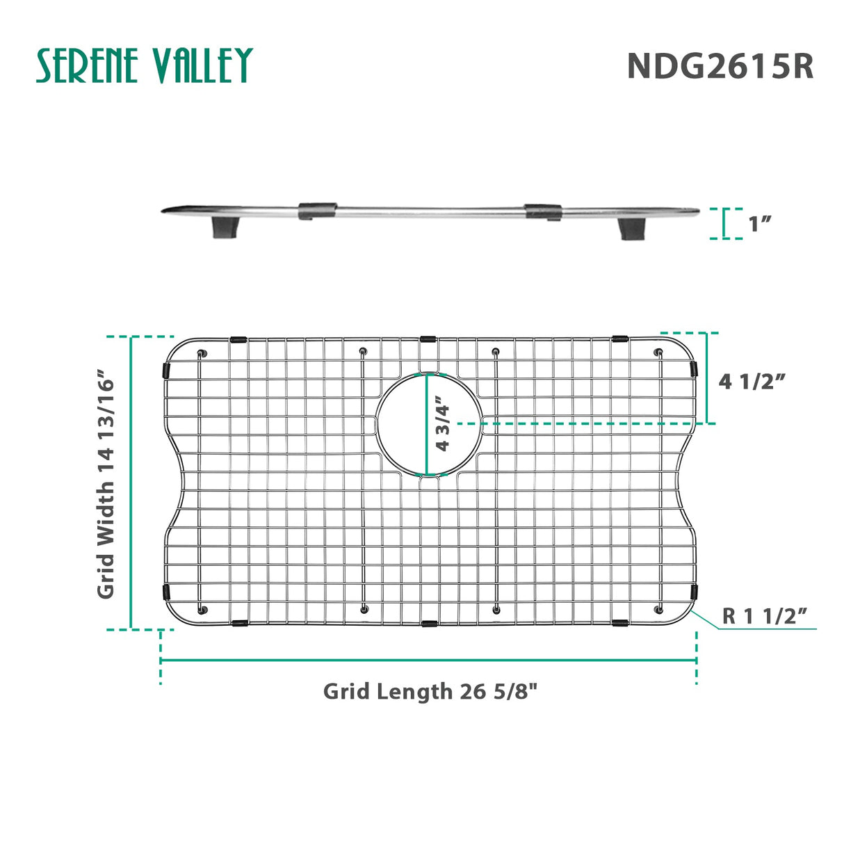 Serene Valley Sink Grid 26 - 5/8" x 14 - 13/16", Rear Drain with Corner Radius 1 - 1/2", NDG2615R - Serene Valley