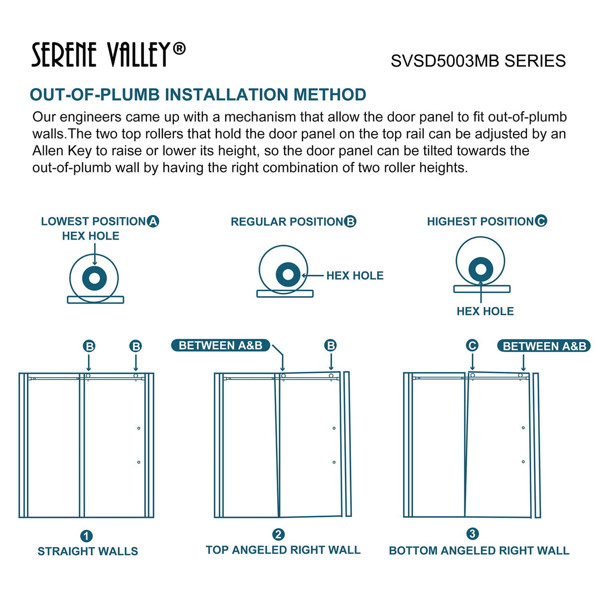 Serene Valley Square Rail Frameless Sliding Shower Door SVSD5003 - 5674MB, Easy - Clean Coating 3/8" Tempered Glass - 304 Stainless Steel Hardware in Matte Black 52" - 56"W x 74"H - Serene Valley