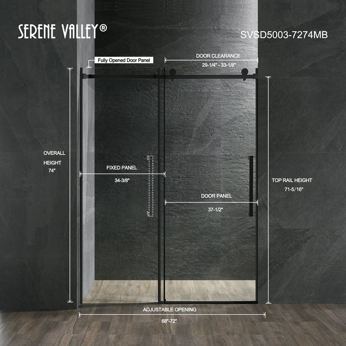 Serene Valley Square Rail Frameless Sliding Shower Door SVSD5003 - 7274MB, Easy - Clean Coating 3/8" Tempered Glass - 304 Stainless Steel Hardware in Matte Black 68" - 72"W x 74"H - Serene Valley