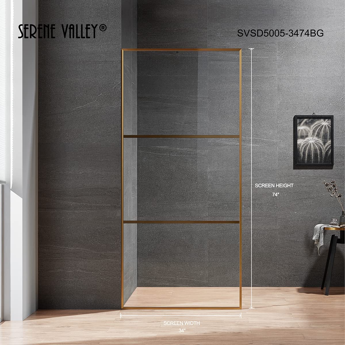 Serene Valley Stand - Alone Shower Screen SVSD5005 - 3474BG, 3/8" Tempered Glass with Easy - Clean Coating, Premium 304 Stainless Steel Construction with Reversible Installation, Brushed Gold Finish - Serene Valley