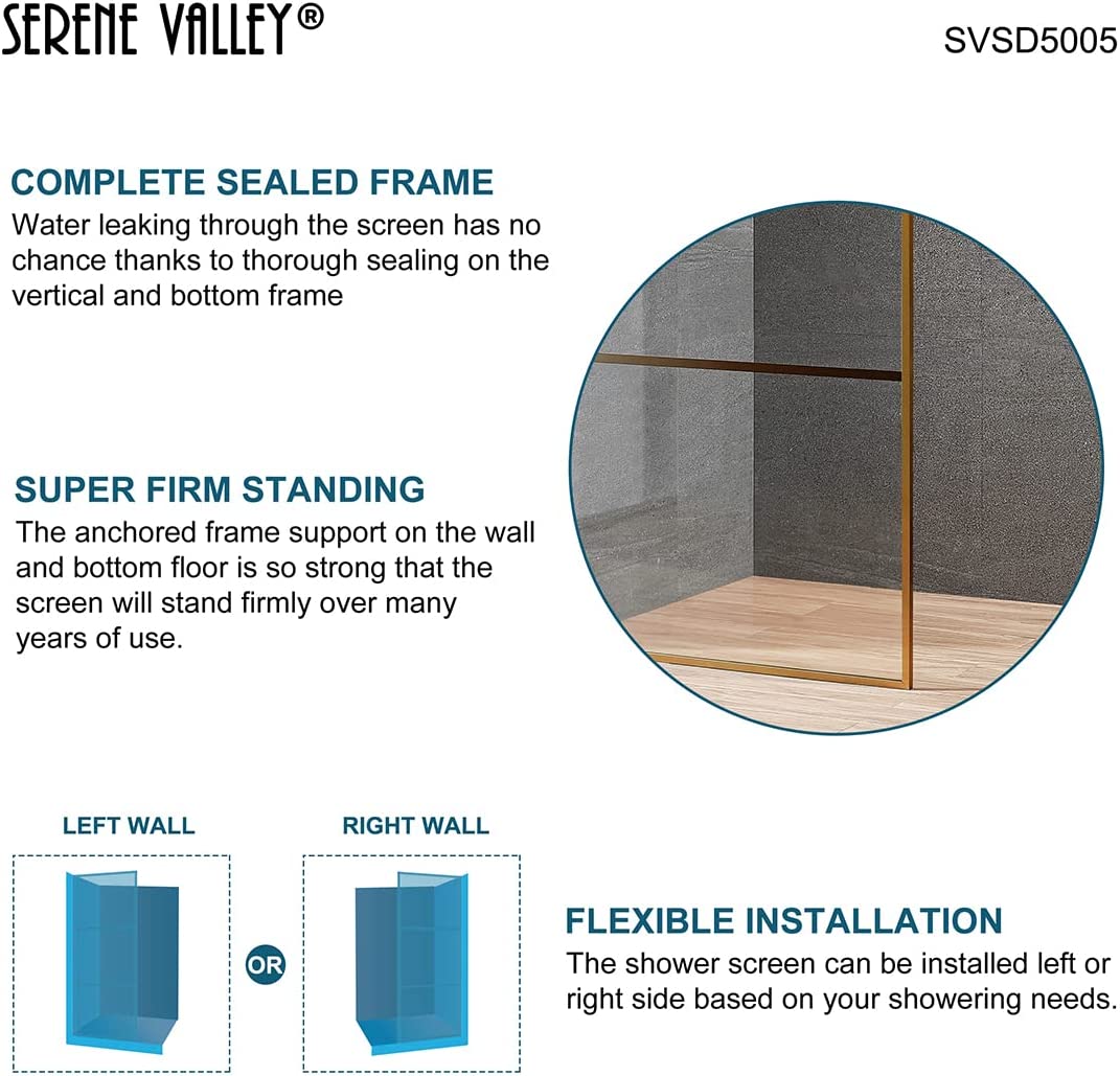 Serene Valley Stand - Alone Shower Screen SVSD5005 - 3474BG, 3/8" Tempered Glass with Easy - Clean Coating, Premium 304 Stainless Steel Construction with Reversible Installation, Brushed Gold Finish - Serene Valley