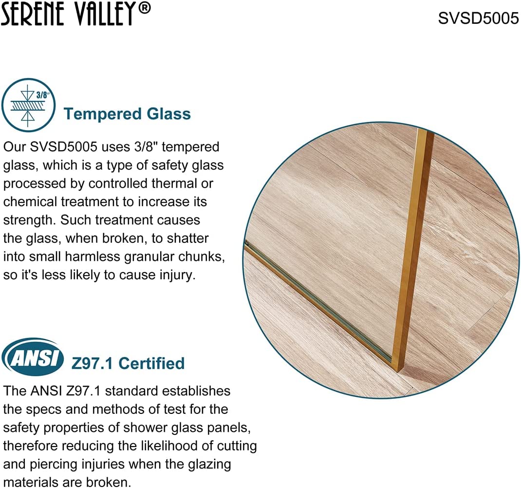Serene Valley Stand - Alone Shower Screen SVSD5005 - 3474BG, 3/8" Tempered Glass with Easy - Clean Coating, Premium 304 Stainless Steel Construction with Reversible Installation, Brushed Gold Finish - Serene Valley