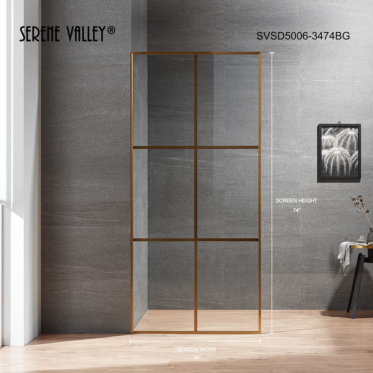 Serene Valley Stand - Alone Shower Screen SVSD5006 - 3474BG, 3/8" Tempered Glass with Easy - Clean Coating, Premium 304 Stainless Steel Construction with Reversible Installation, Brushed Gold Finish - Serene Valley