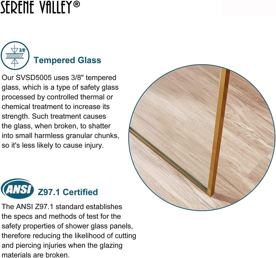 Serene Valley Stand - Alone Shower Screen SVSD5006 - 3474BG, 3/8" Tempered Glass with Easy - Clean Coating, Premium 304 Stainless Steel Construction with Reversible Installation, Brushed Gold Finish - Serene Valley