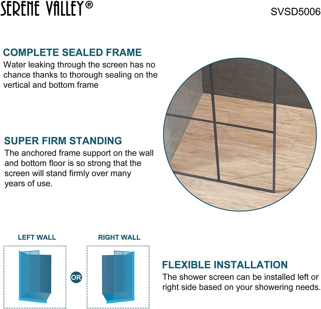 Serene Valley Stand - Alone Shower Screen SVSD5006 - 3474GM, 3/8" Tempered Glass with Easy - Clean Coating, Premium 304 Stainless Steel Construction with Reversible Installation, Gunmetal Finish - Serene Valley