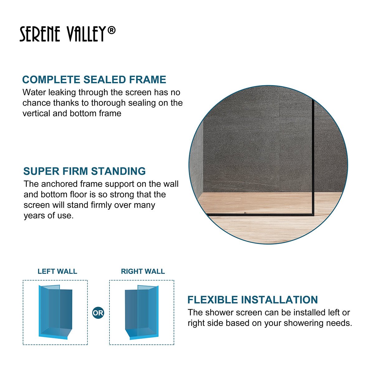 Serene Valley Stand - Alone Shower Screen SVSD5006 - 3474MB, 3/8" Tempered Glass with Easy - Clean Coating, Premium 304 Stainless Steel Construction with Reversible Installation, Matte Black Finish - Serene Valley