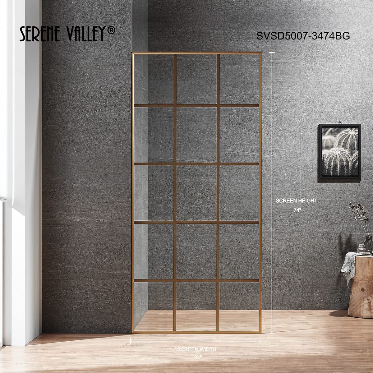 Serene Valley Stand - Alone Shower Screen SVSD5007 - 3474BG, 3/8" Tempered Glass with Easy - Clean Coating, Premium 304 Stainless Steel Construction with Reversible Installation, Brushed Gold Finish - Serene Valley