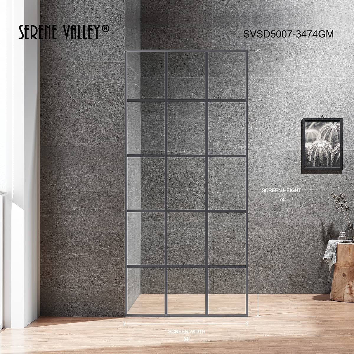 Serene Valley Stand - Alone Shower Screen SVSD5007 - 3474GM, 3/8" Tempered Glass with Easy - Clean Coating, Premium 304 Stainless Steel Construction with Reversible Installation, Gunmetal Finish - Serene Valley