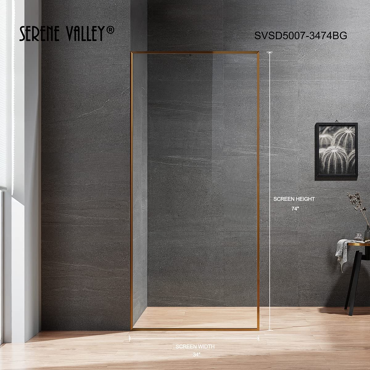 Serene Valley Stand - Alone Shower Screen SVSD5008 - 3474BG, 3/8" Tempered Glass with Easy - Clean Coating, Premium 304 Stainless Steel Construction with Reversible Installation, Brushed Gold Finish - Serene Valley