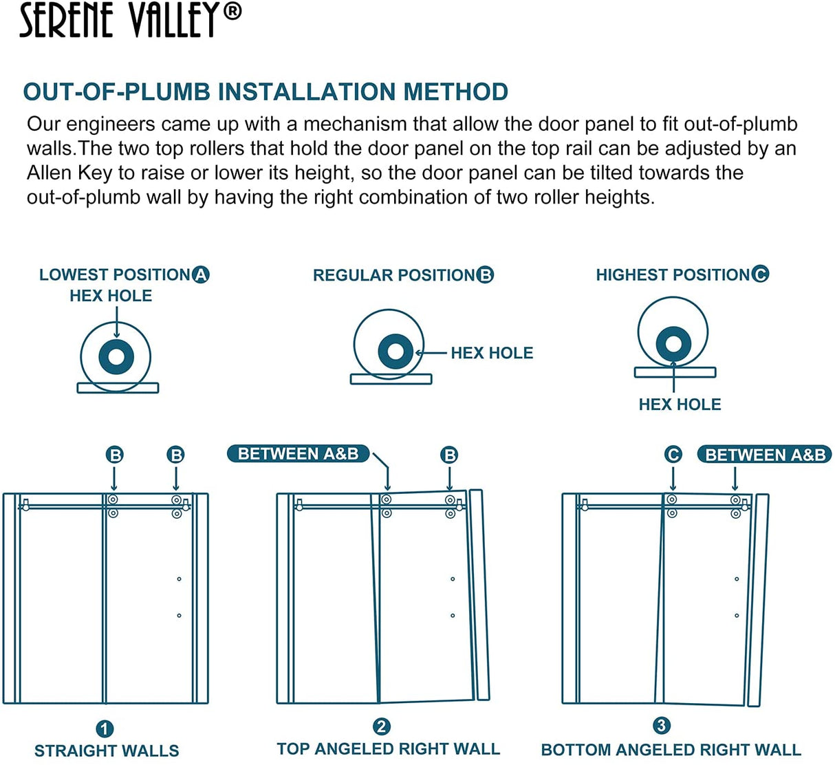 Serene Valley SVSD5001 - 4874BN Big Roller Frameless Sliding Shower Door - Superclear 3/8" Tempered Glass - 304 Stainless Steel Hardware in Brushed Nickel 44" - 48"W x 74"H - Serene Valley