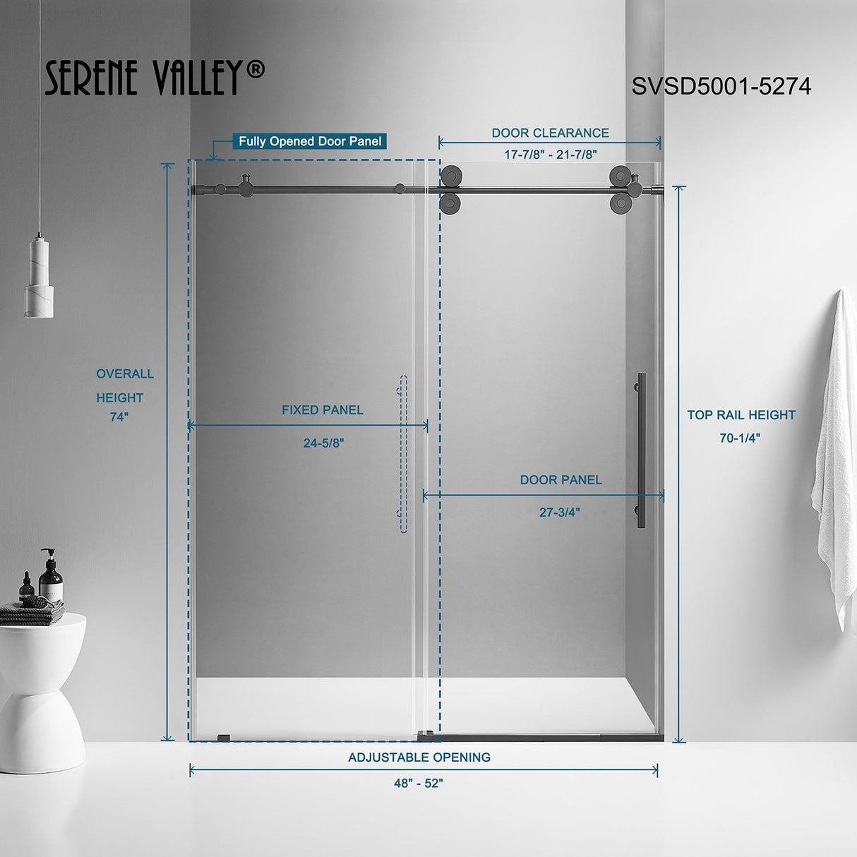 Serene Valley SVSD5001 - 5274MB Big Roller Frameless Sliding Shower Door - Superclear 3/8" Tempered Glass - 304 Stainless Steel Hardware in Matte Black 48" - 52"W x 74"H - Serene Valley