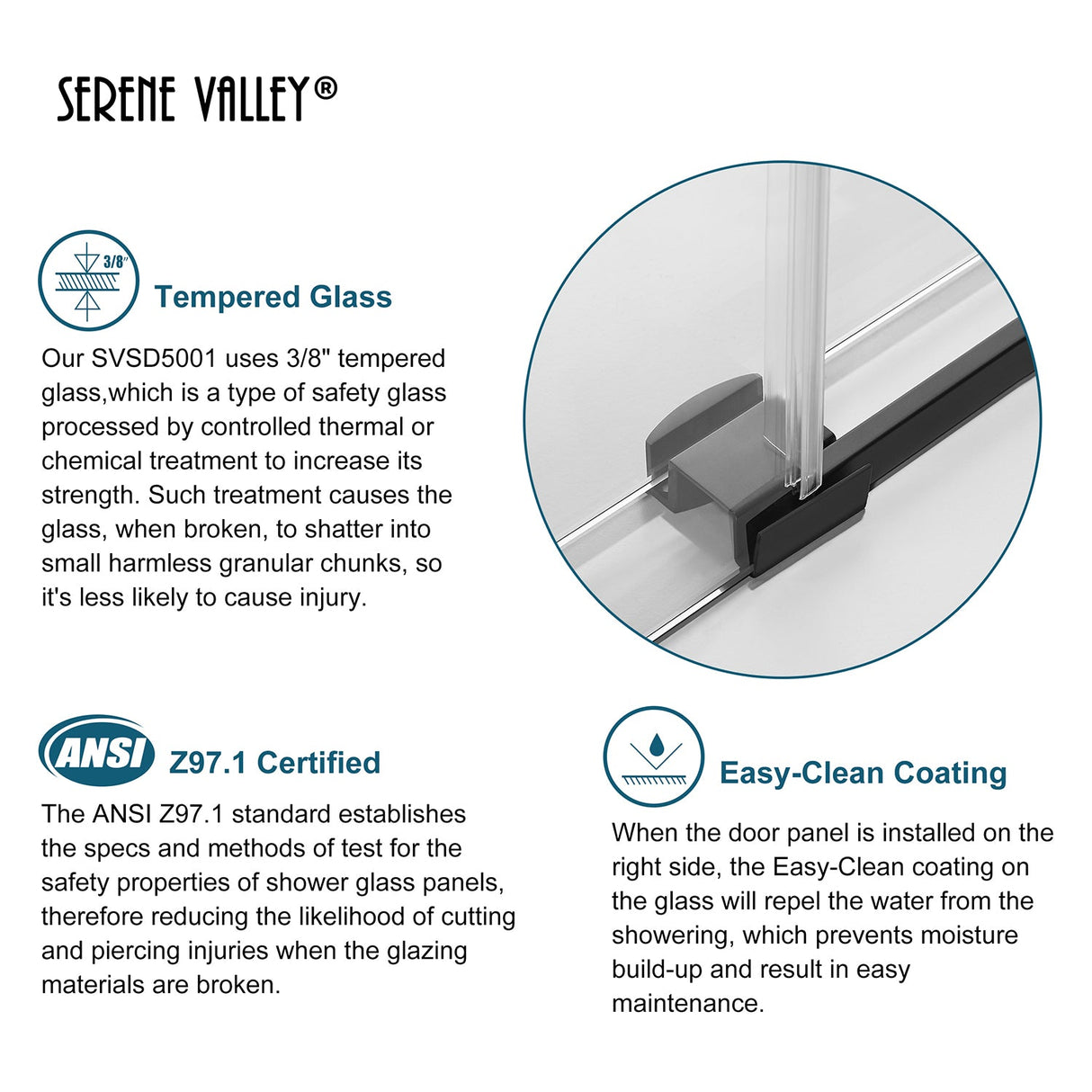 Serene Valley SVSD5001 - 5674MB Big Roller Frameless Sliding Shower Door - Superclear 3/8" Tempered Glass - 304 Stainless Steel Hardware in Matte Black 52" - 56"W x 74"H - Serene Valley