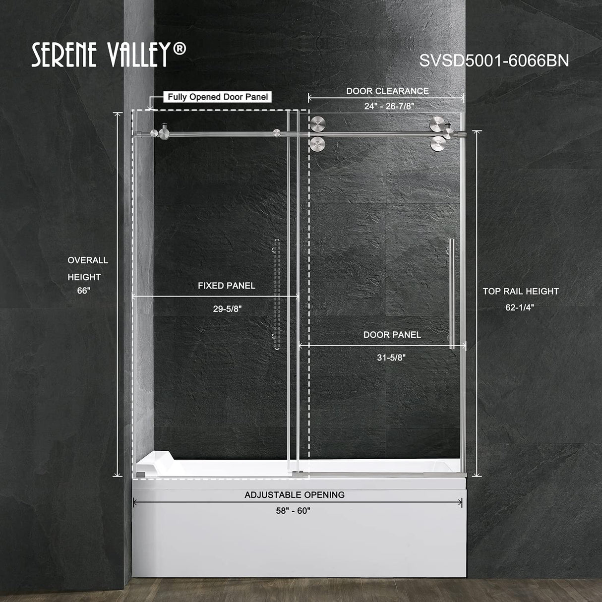 Serene Valley SVSD5001 - 6066BN Big Roller Frameless Sliding Shower Door - Superclear 3/8" Tempered Glass - 304 Stainless Steel Hardware in Brushed Nickel 56" - 60"W x 66"H - Serene Valley