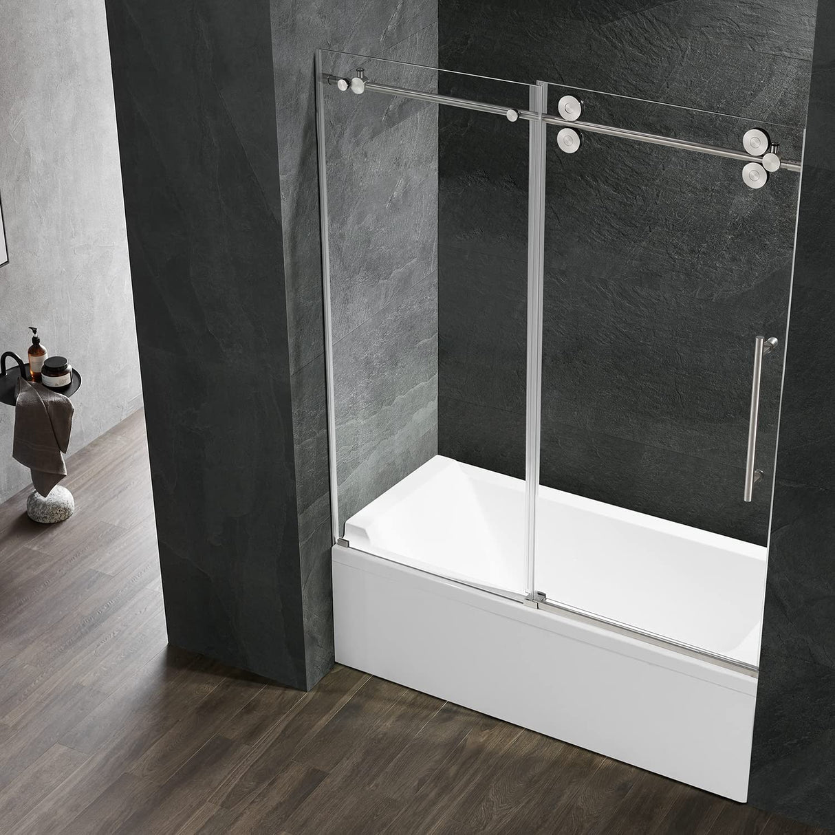 Serene Valley SVSD5001 - 6066BN Big Roller Frameless Sliding Shower Door - Superclear 3/8" Tempered Glass - 304 Stainless Steel Hardware in Brushed Nickel 56" - 60"W x 66"H - Serene Valley