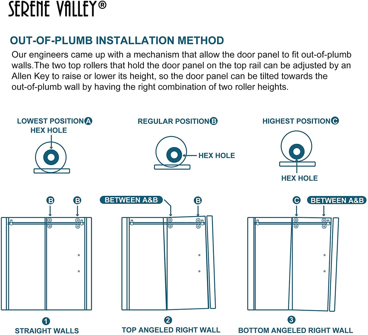 Serene Valley SVSD5001 - 6066CH Big Roller Frameless Sliding Shower Door - Superclear 3/8" Tempered Glass - 304 Stainless Steel Hardware in Chrome 56" - 60"W x 66"H - Serene Valley