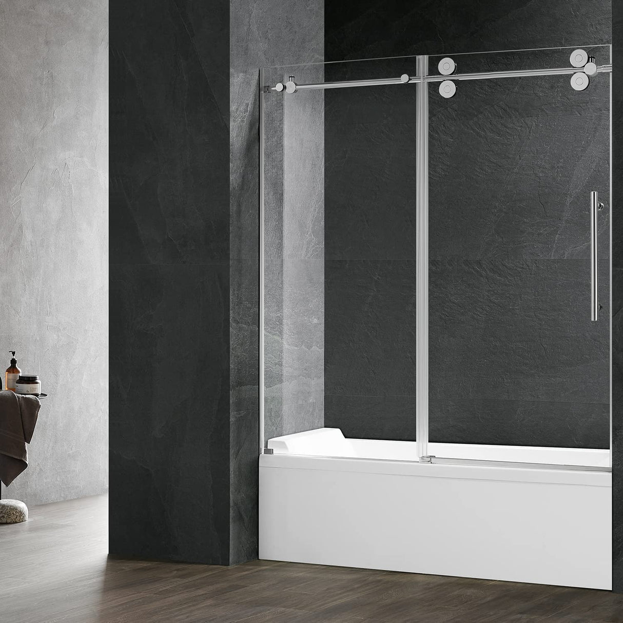 Serene Valley SVSD5001 - 6066CH Big Roller Frameless Sliding Shower Door - Superclear 3/8" Tempered Glass - 304 Stainless Steel Hardware in Chrome 56" - 60"W x 66"H - Serene Valley